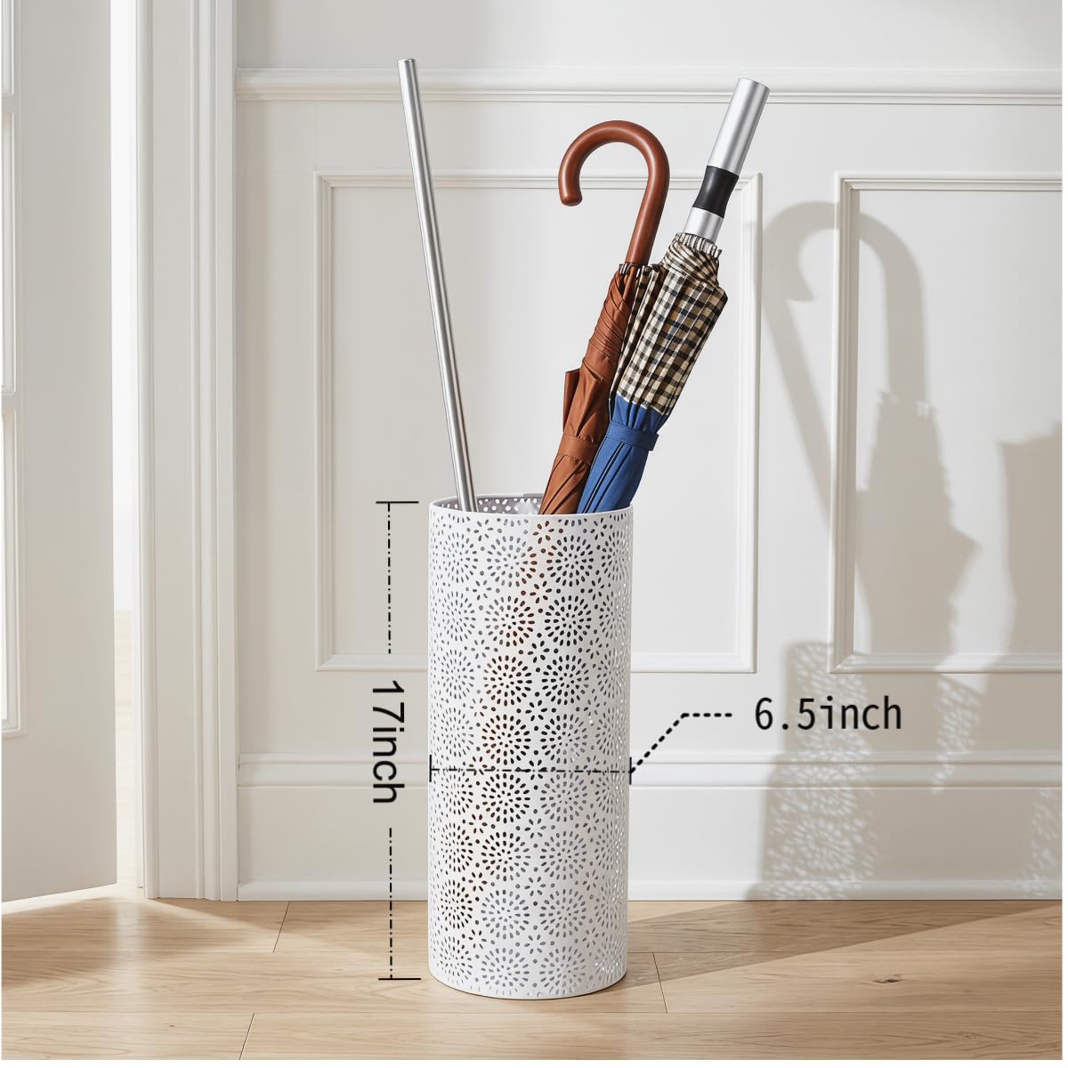Round White Metal Umbrella Holder with 3 Inner Hooks, 17 x 7 Inch