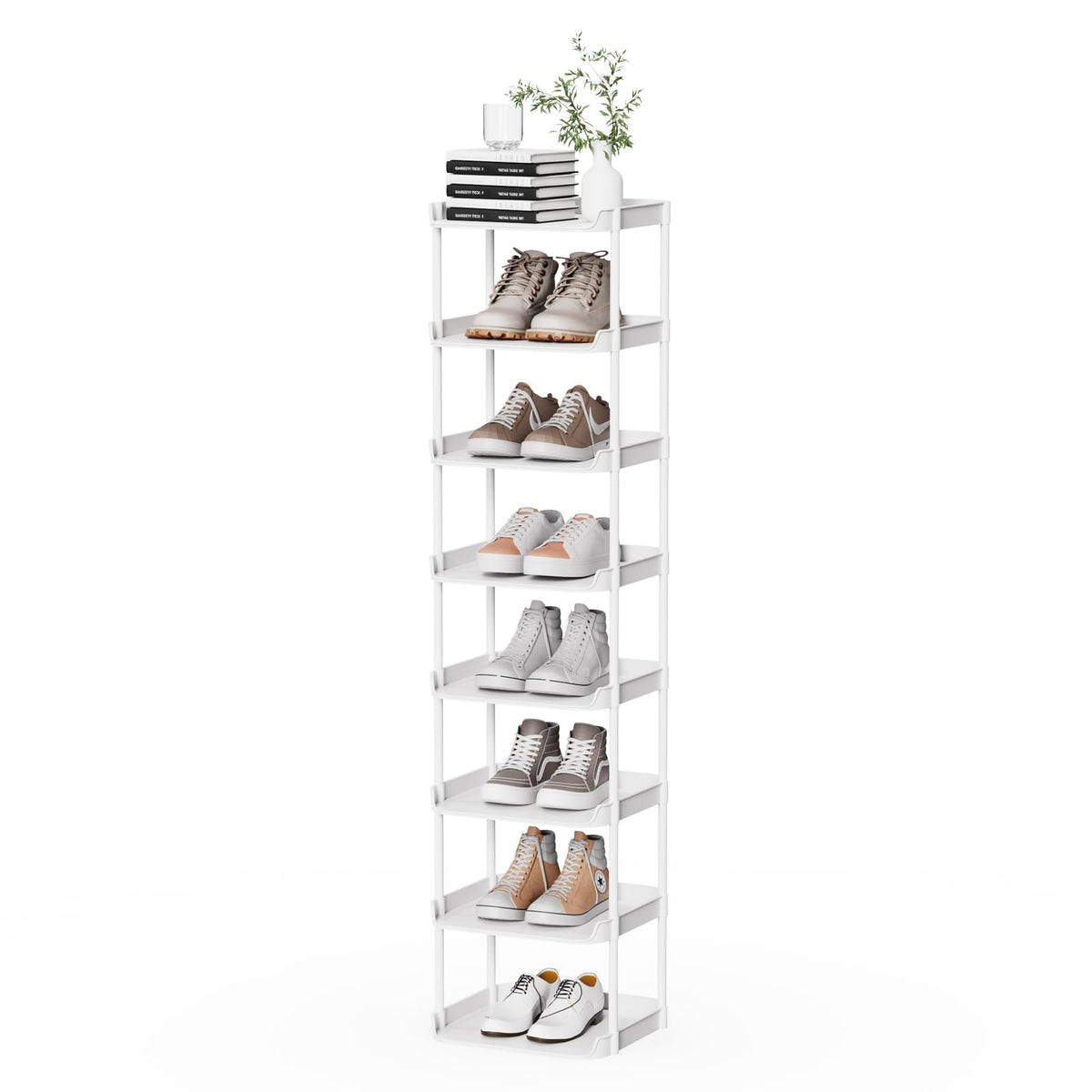8 Tier Slim Shoe Tower, White Plastic Shelves for Narrow Spaces