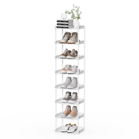 8 Tier Slim Shoe Tower, White Plastic Shelves for Narrow Spaces