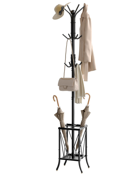 Black Metal Coat Rack with Umbrella Holder and 12 Hooks, 71.7 Inch