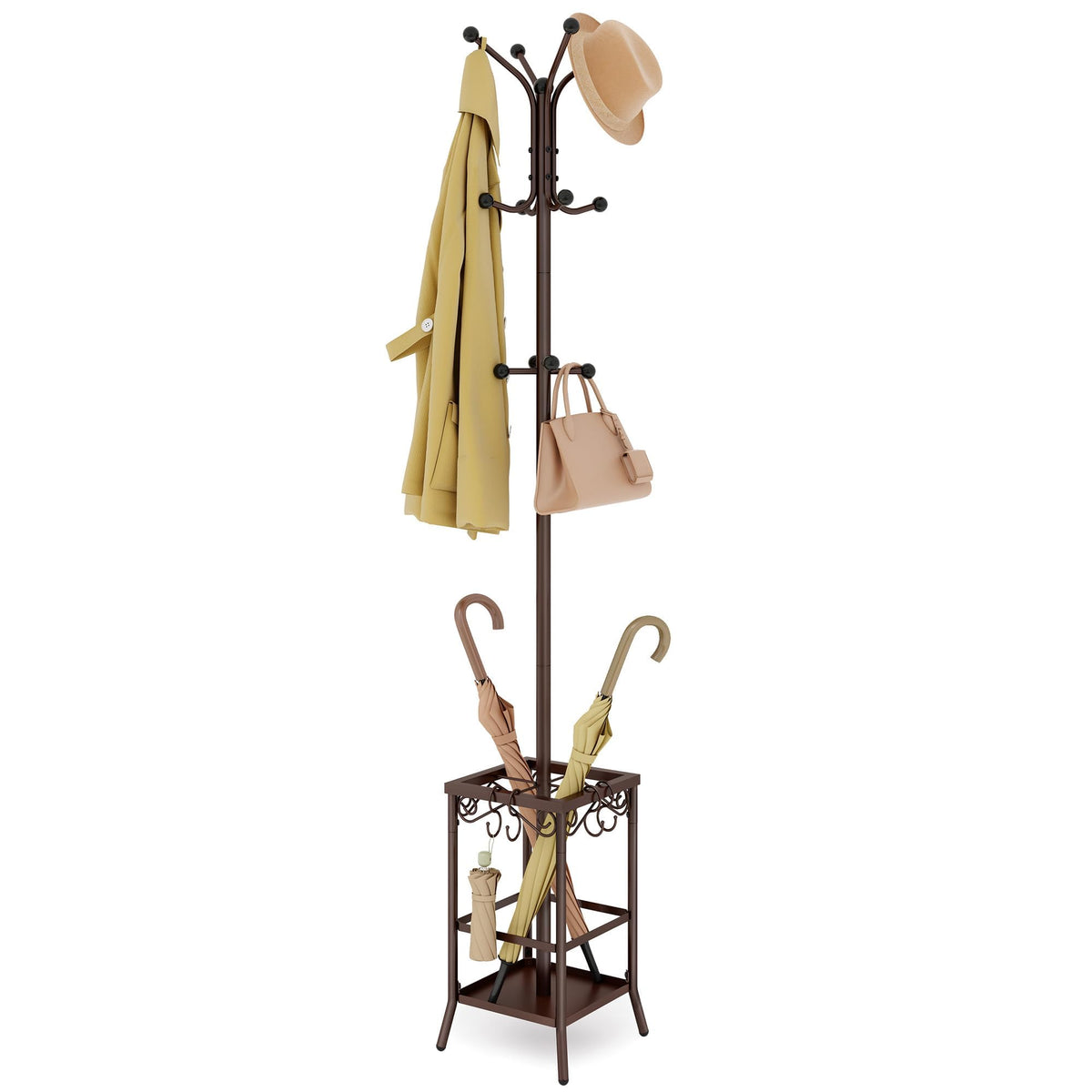 Metal Coat Tree with Umbrella Holder, 12 Hooks, Brown Finish