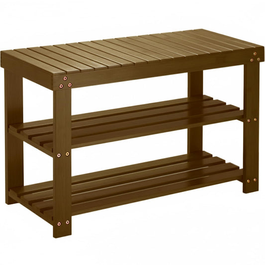 Bamboo Shoe Rack Bench, 3 Tier, Yellow Brown, 27.5 Inch Wide
