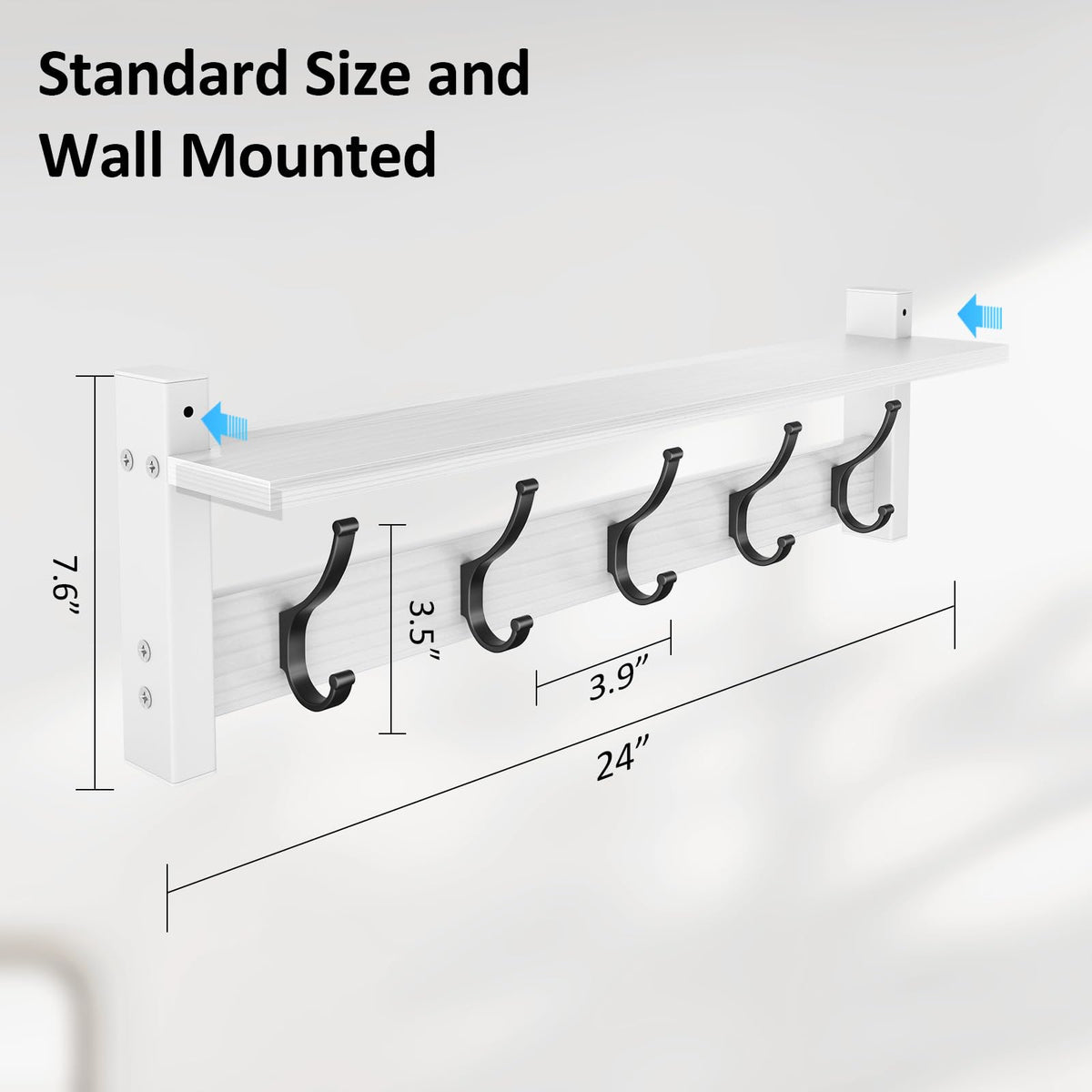 24 Inch Entryway Coat Hook Shelf, 5 Hooks, White Wood Wall Rack