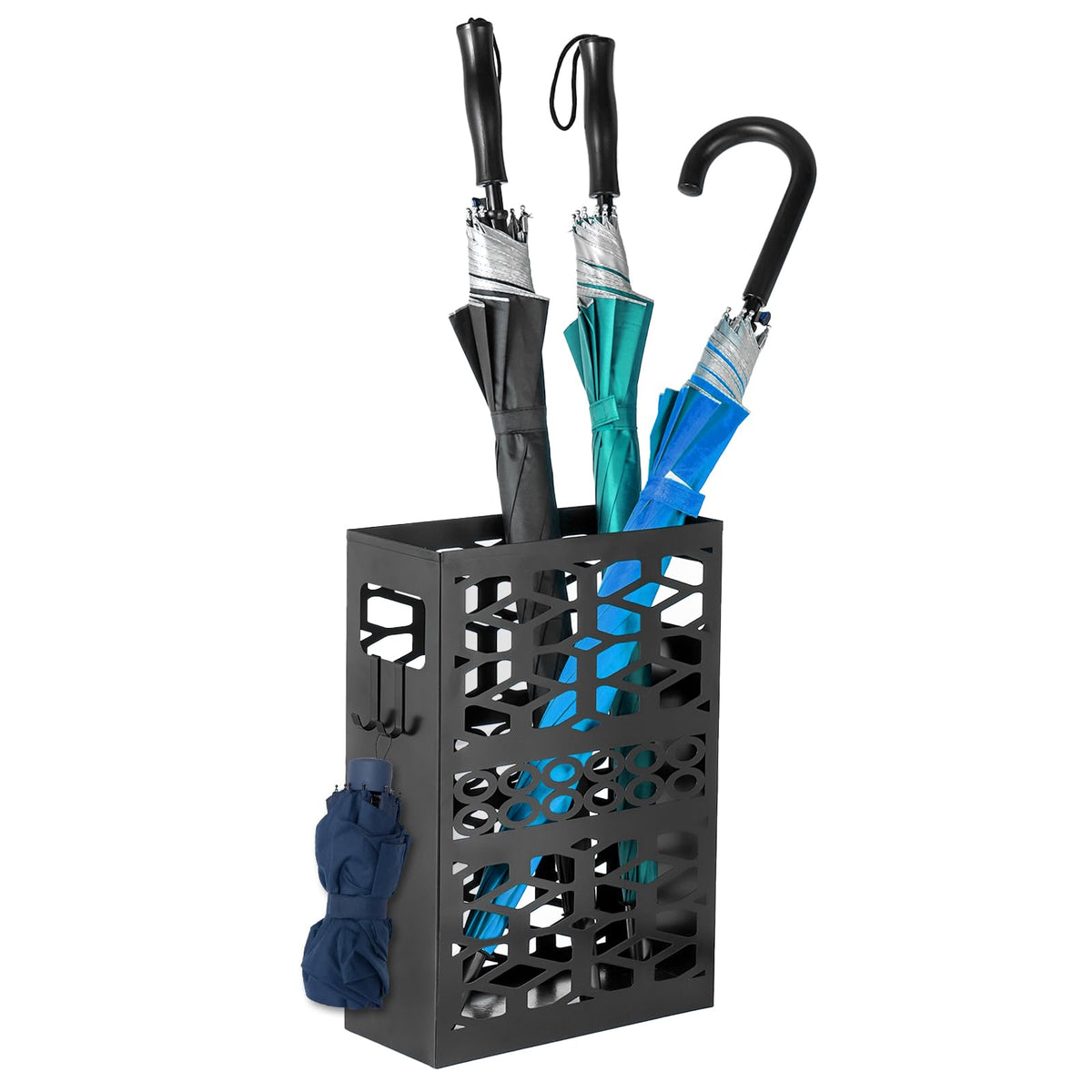 Rectangle Umbrella Holder with 2 Hooks, Floral Cutout, Black Metal