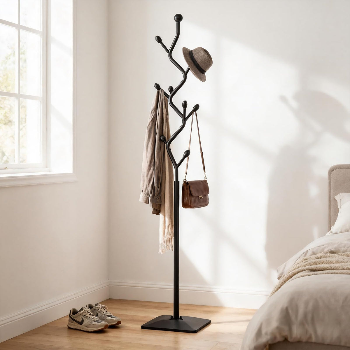 Tree Shaped Metal Coat Stand, 8 Hooks, Cast Iron Base, Black