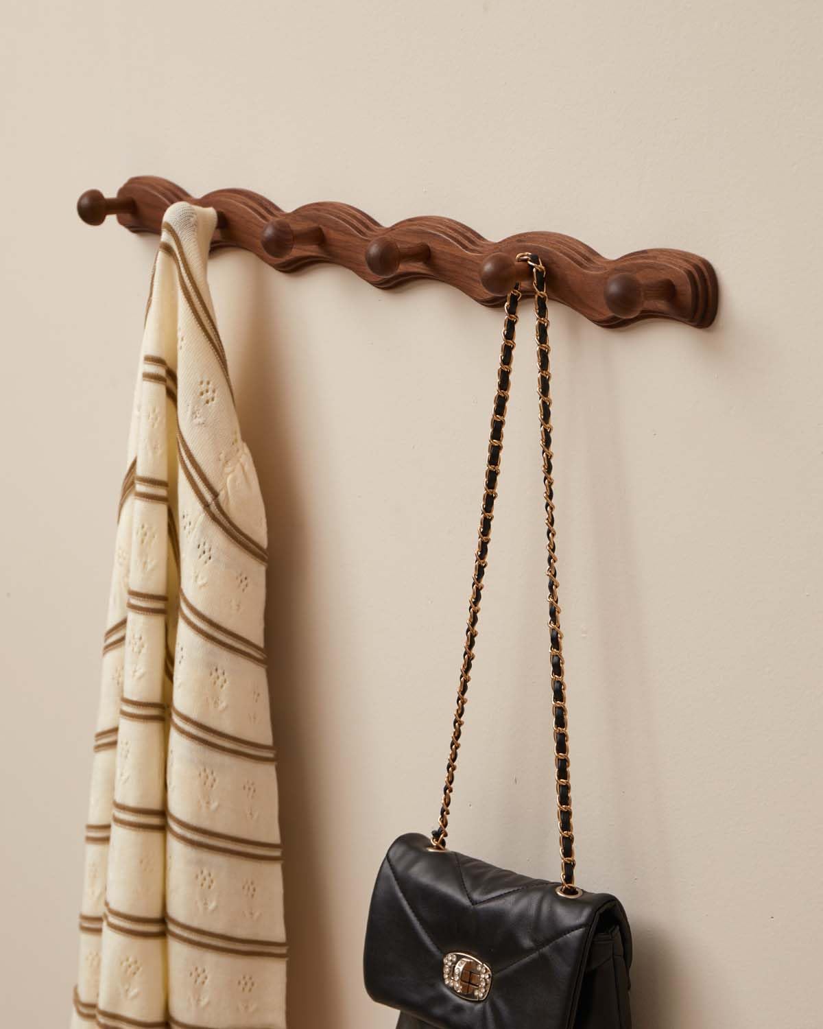 Wave Shaped Walnut Wood Coat Rack, Wall Mounted, 6 Hooks