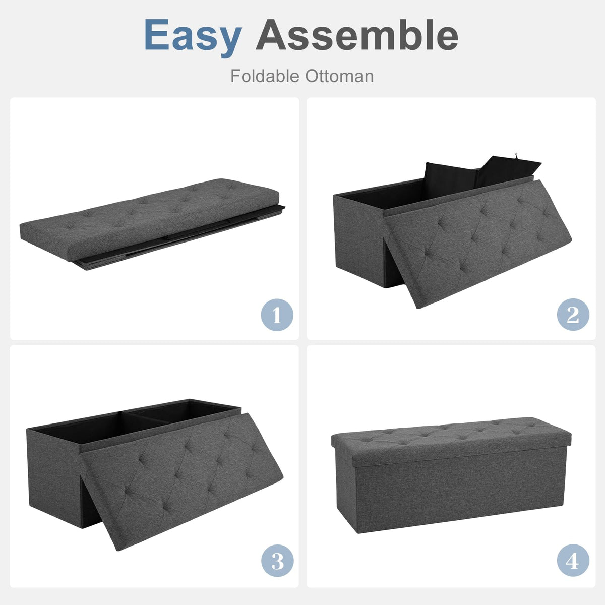 Foldable Storage Ottoman Bench, 43 Inch, 35 Gallon, Charcoal Gray Linen