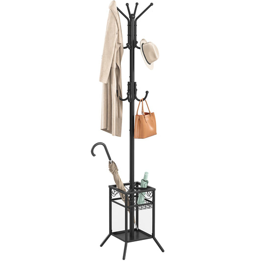 Metal Coat Stand with Umbrella Holder, 12 Hooks, 71.9 Inch, Black