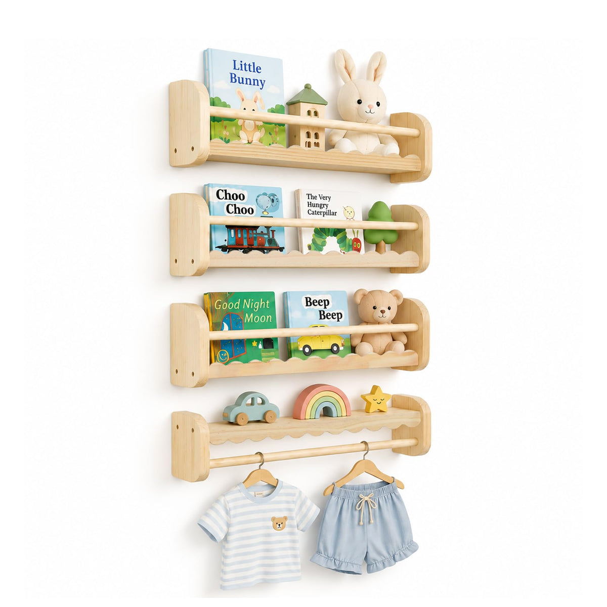 Natural Pine Scalloped Floating Shelves, 4 Pack with Hanging Rod, 16.5 Inch