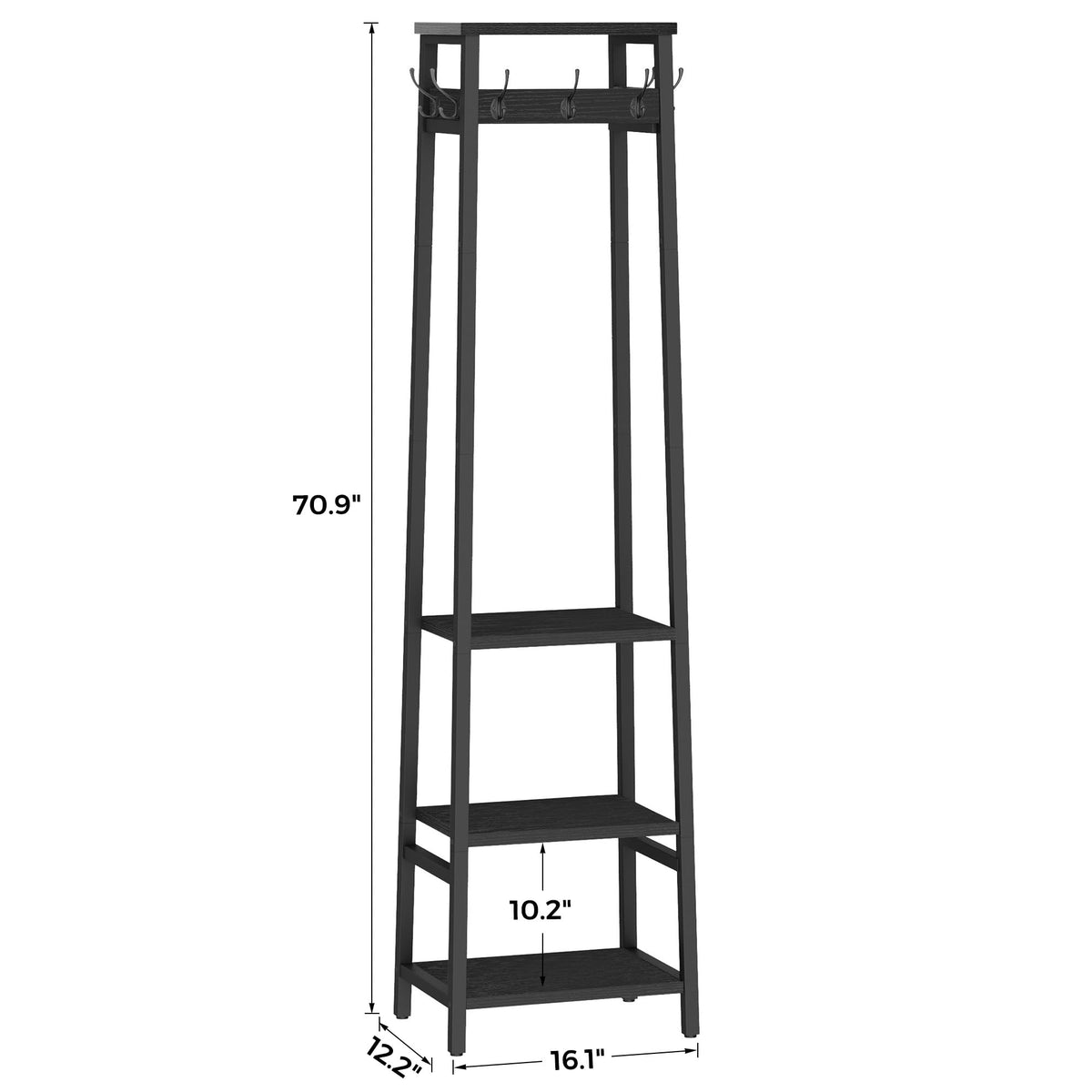 Black Coat Rack Stand with 3 Shelves and 7 Hooks, 70.8 Inch Tall