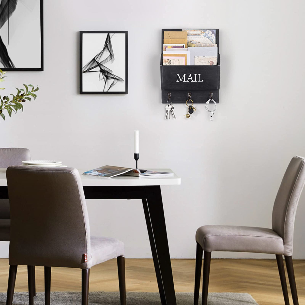 Wood Wall Mail Sorter with 3 Key Hooks, Matte Black, 2 Slots