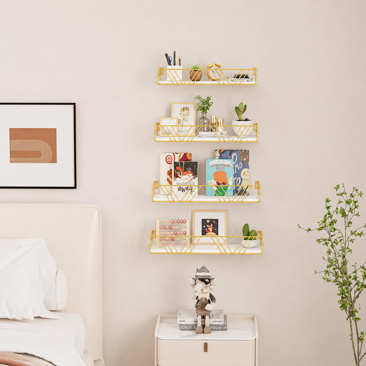 Wood Wall Shelves with Gold Metal Rails, 4 Pack Floating Shelf Set