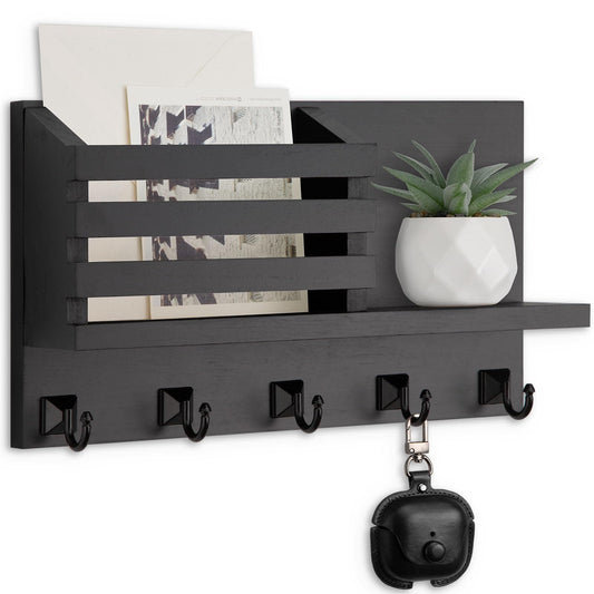 Black Wood Key and Mail Holder with 5 Square Hooks