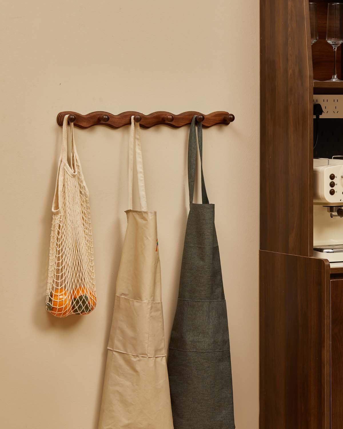 Wave Shaped Walnut Wood Coat Rack, Wall Mounted, 6 Hooks