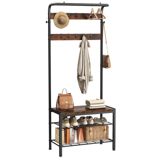 Hall Tree with Lift Top Bench and 10 Hooks, 73 Inch, Rustic Wood