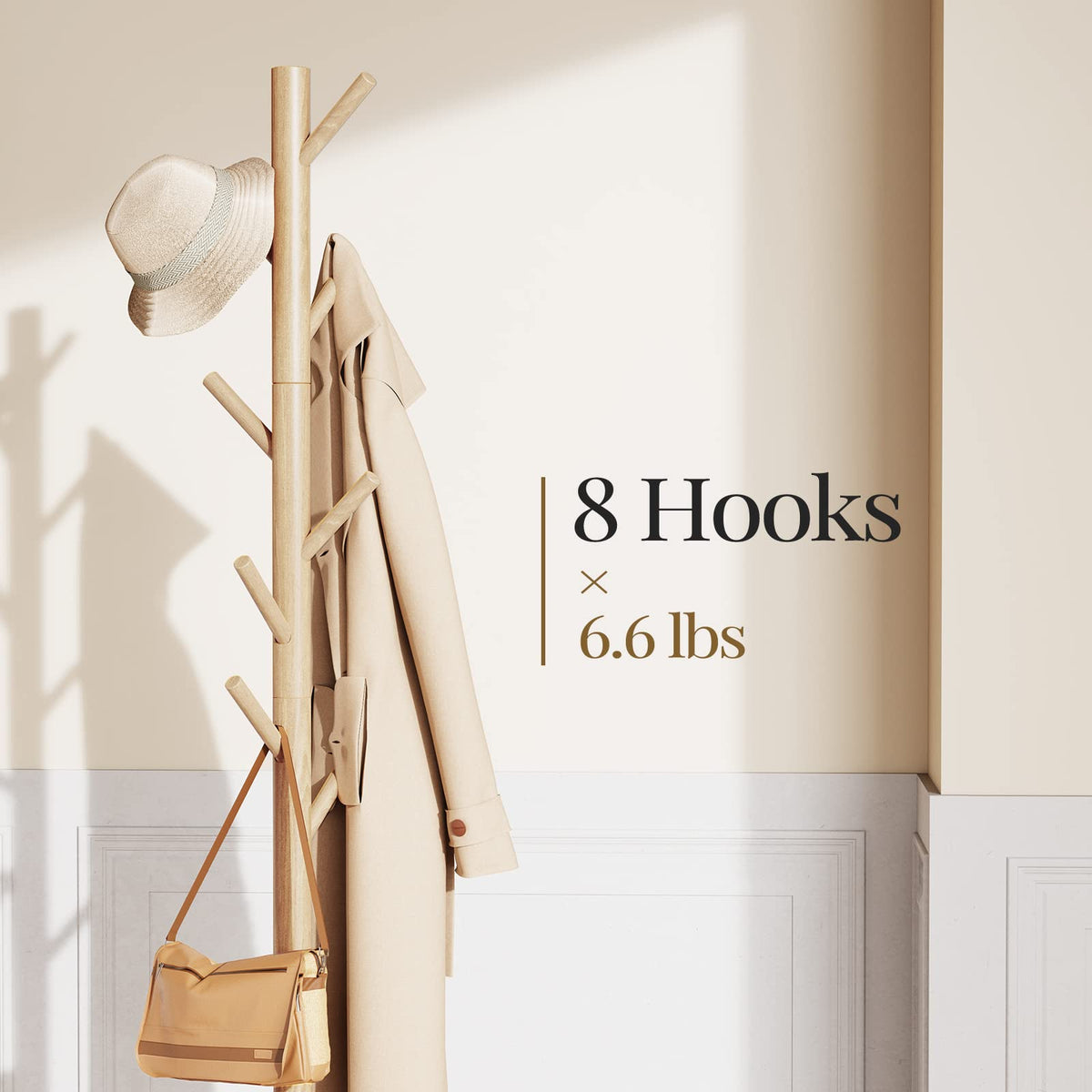 Solid Wood Standing Coat Rack with 8 Hooks, Height Adjustable, Natural