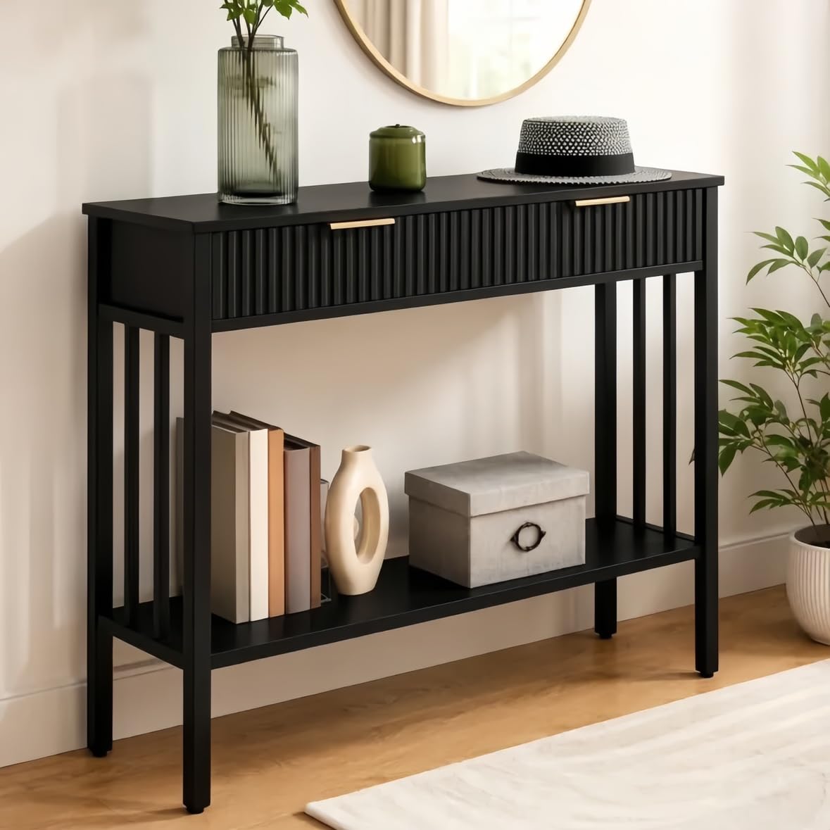Fluted Console Table with 2 Drawers, 39.4 Inch, Black