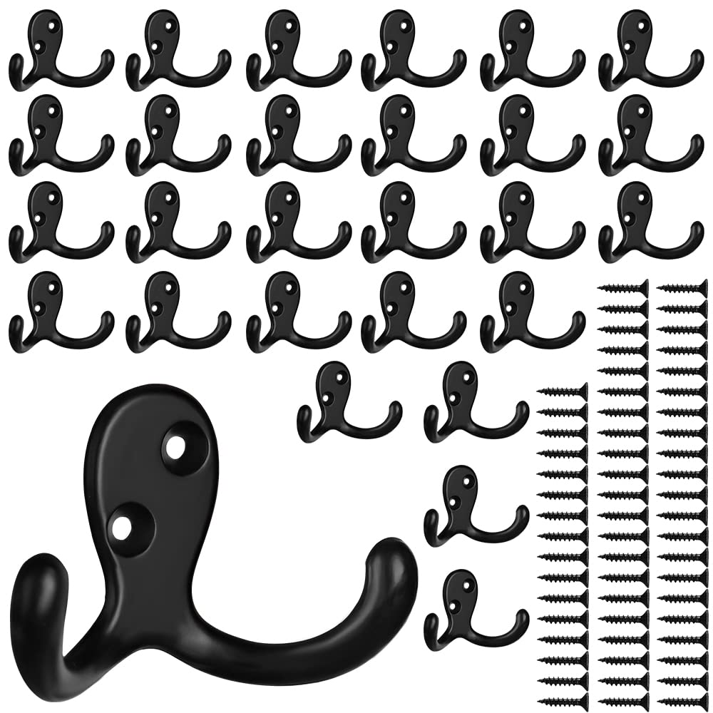Black Double Prong Coat Hooks, 28 Pack with 56 Screws