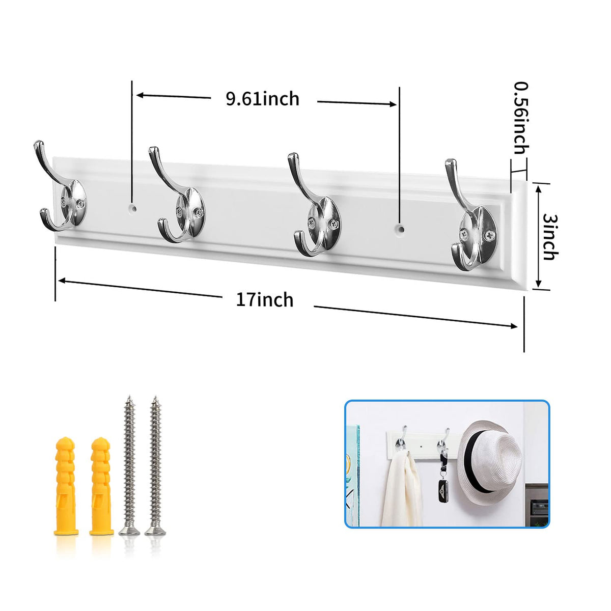 White Wood Wall Coat Rack, 17 Inch, 4 Metal Hooks