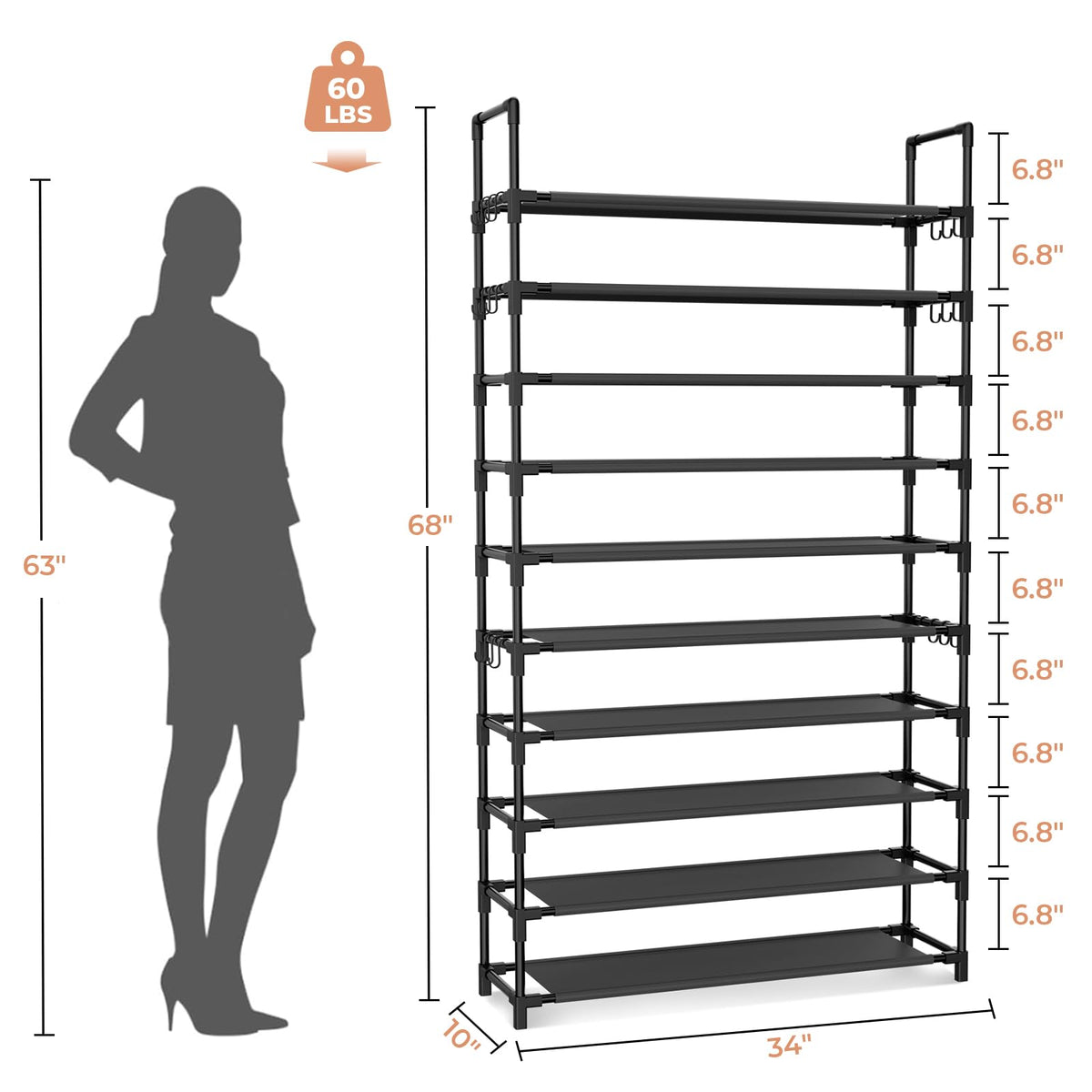10 Tier Wide Shoe Rack with Side Hooks, 34 Inch, Black, Up to 50 Pairs