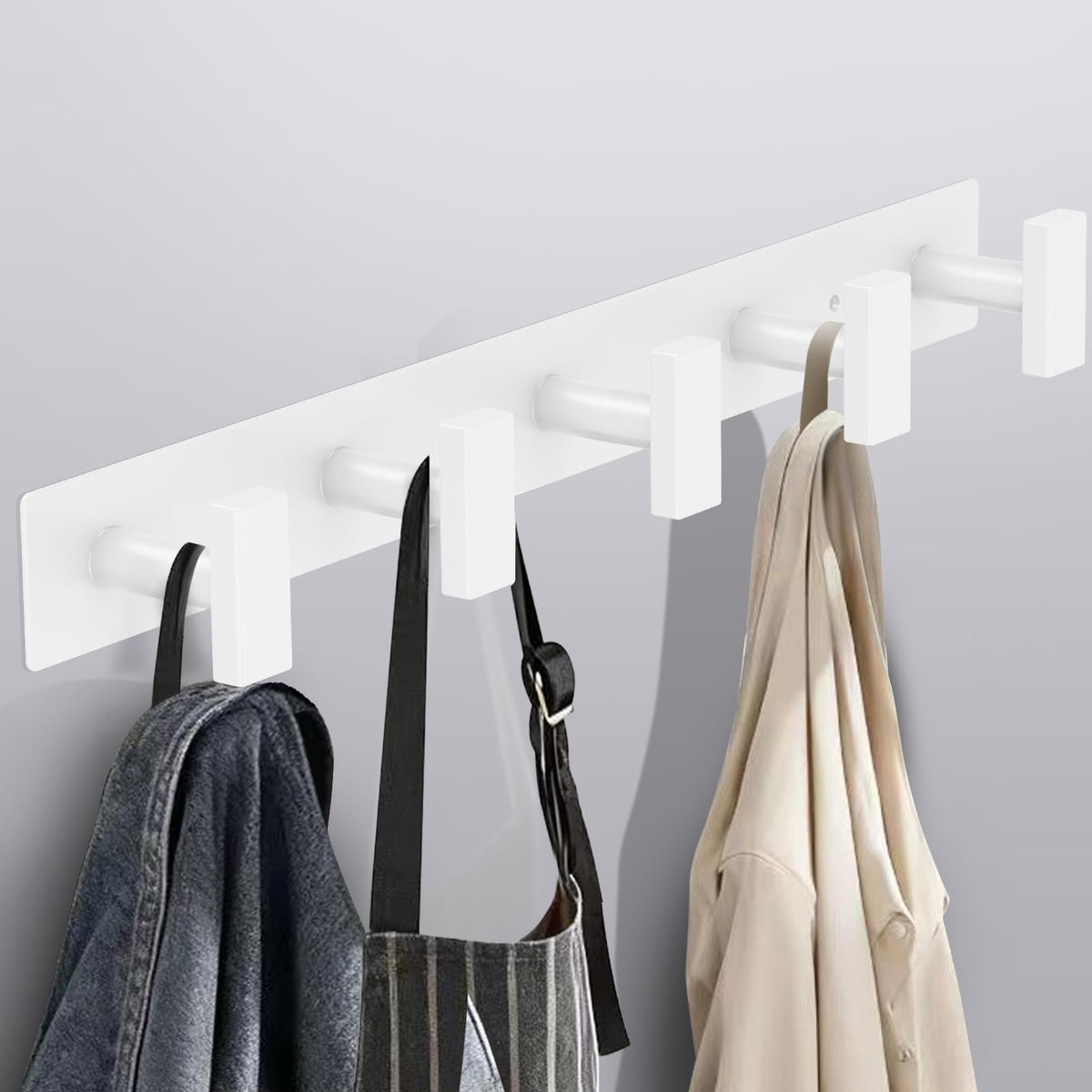 White Wall Coat Rack, 5 T Hooks, Stainless Steel Hook Rail