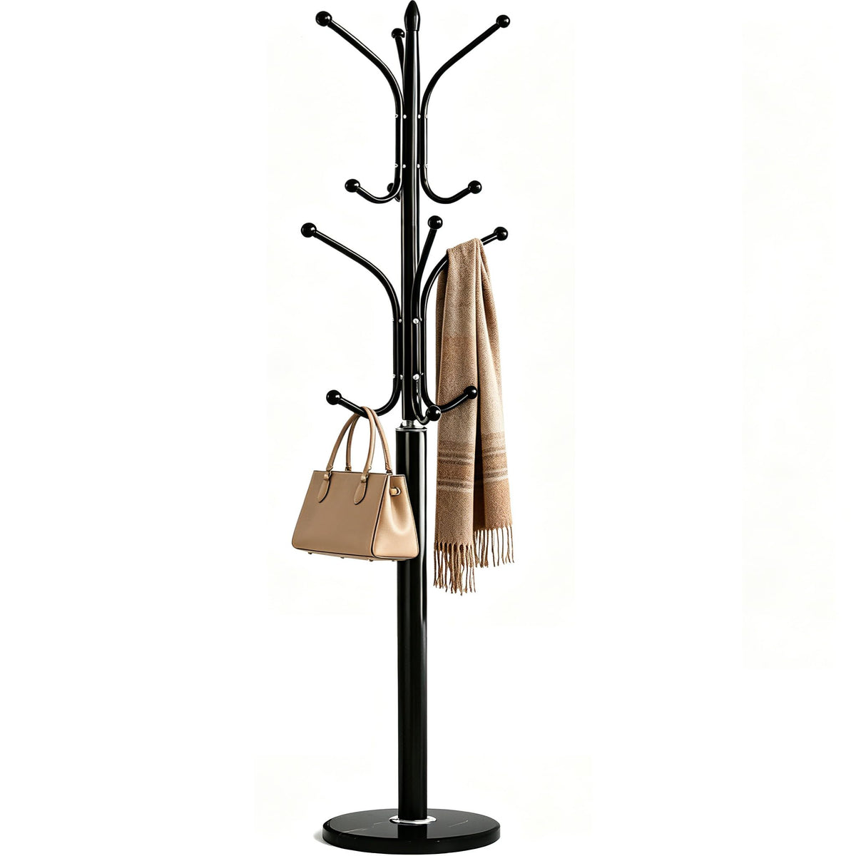 Marble Base Coat Rack with 12 Hooks, 71 Inch, Black Steel