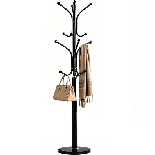 Marble Base Coat Rack with 12 Hooks, 71 Inch, Black Steel