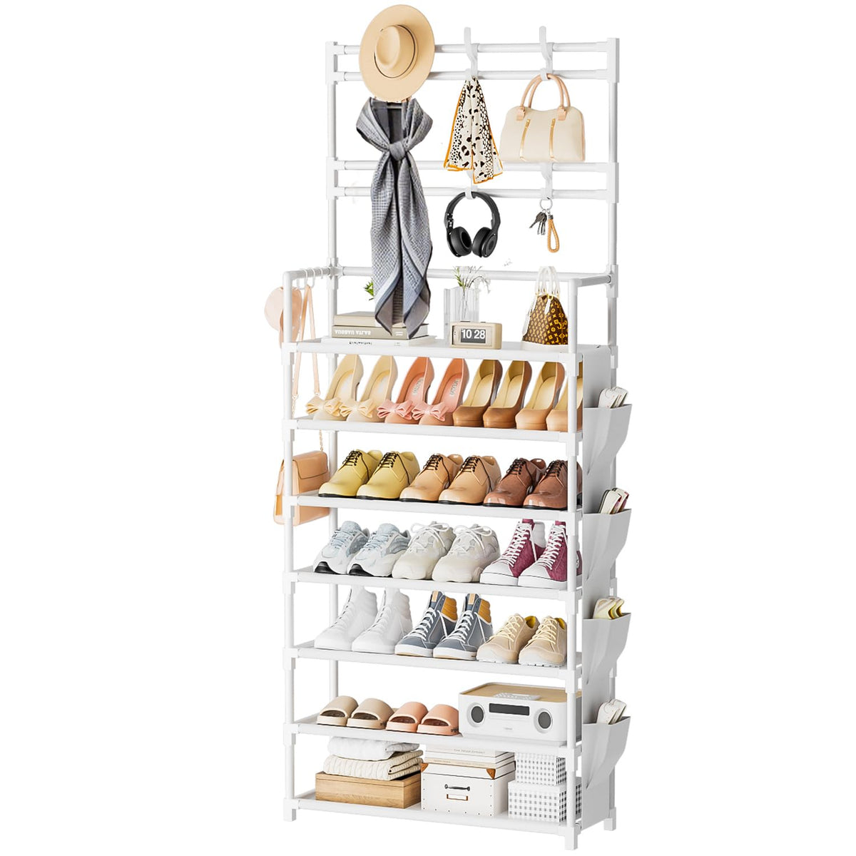 Tall 7 Tier Metal Shoe Rack with Hooks and Side Bag, 23.6 Inch, White