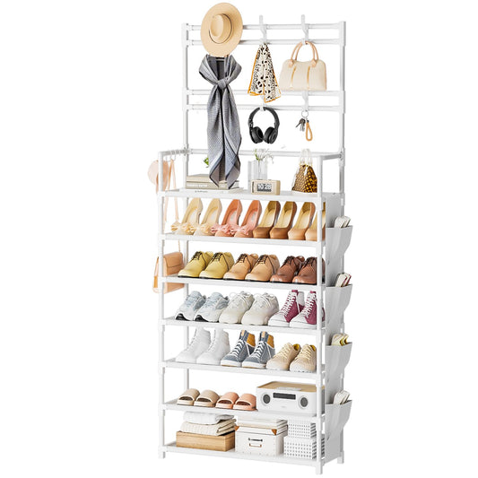 Tall 7 Tier Metal Shoe Rack with Hooks and Side Bag, 23.6 Inch, White