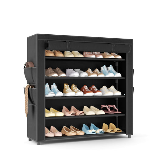 Covered Shoe Rack, 20 to 24 Pairs, 33.8 Inch Wide, Black Metal Frame