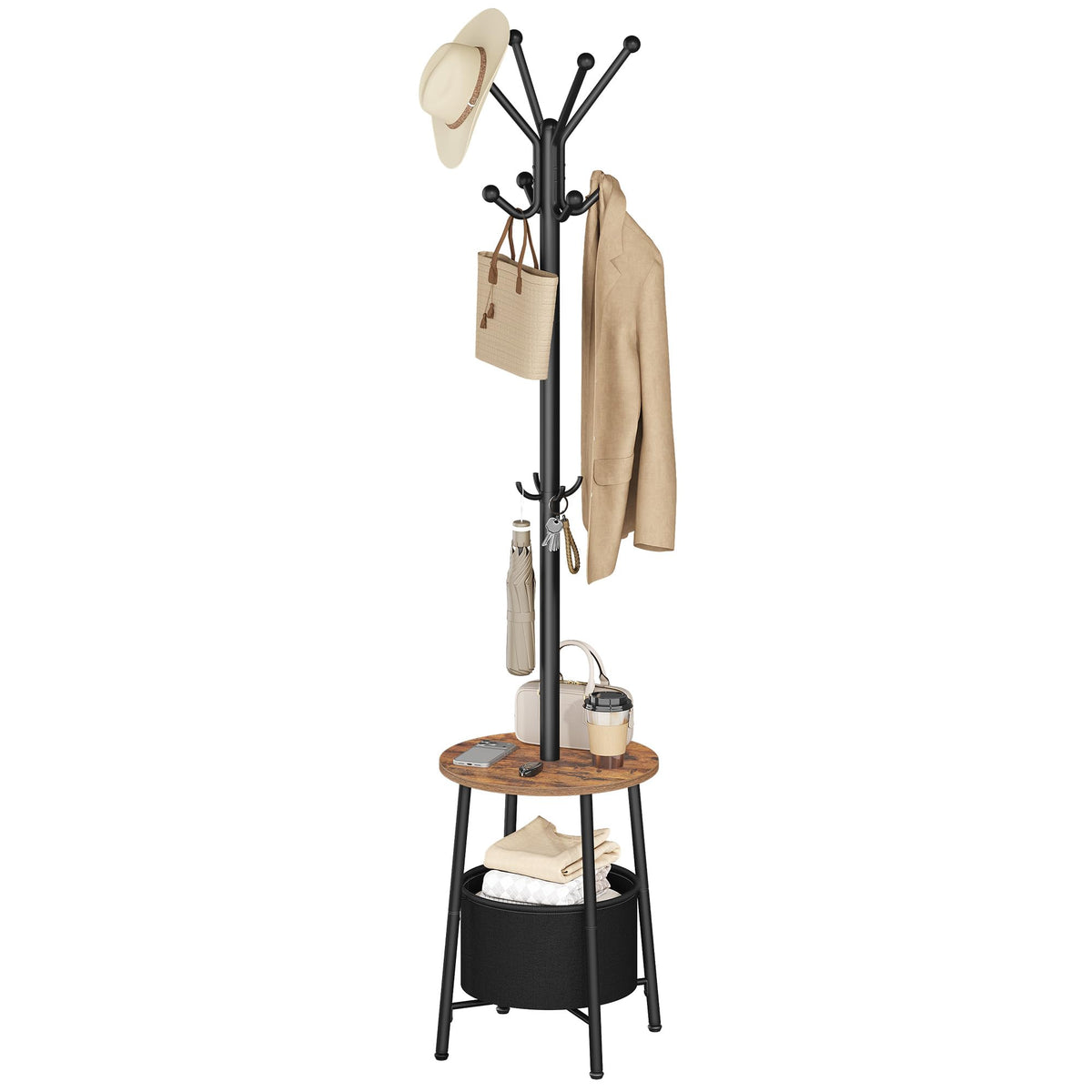 Freestanding Coat Stand with 12 Hooks and Storage Basket, 69.6 Inch Tall