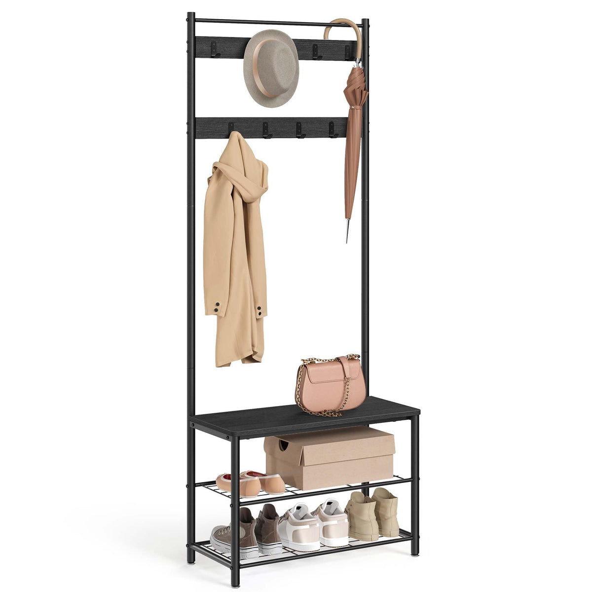3 in 1 Hall Tree with Shoe Bench and 9 Hooks, Charcoal Gray