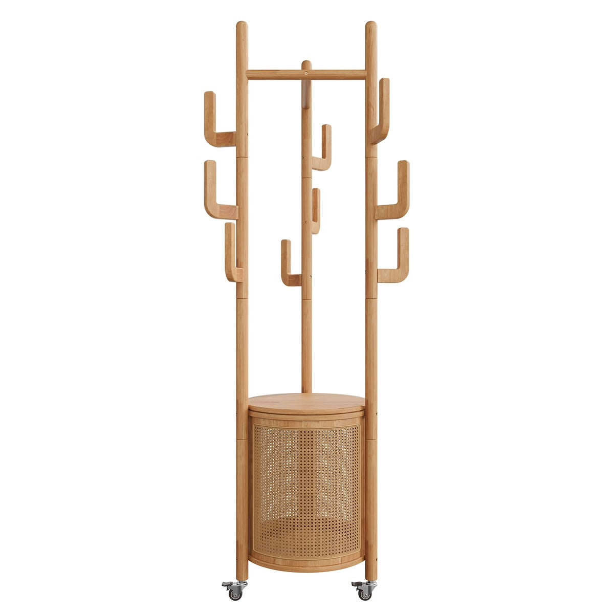 Rolling Rubberwood Coat Rack with Lidded Rattan Basket and 9 Hooks