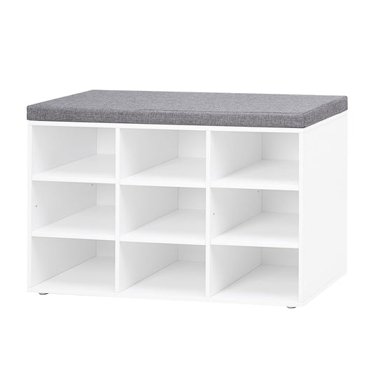 White Shoe Bench with Padded Seat, 9 Cubbies, 31.5 Inch