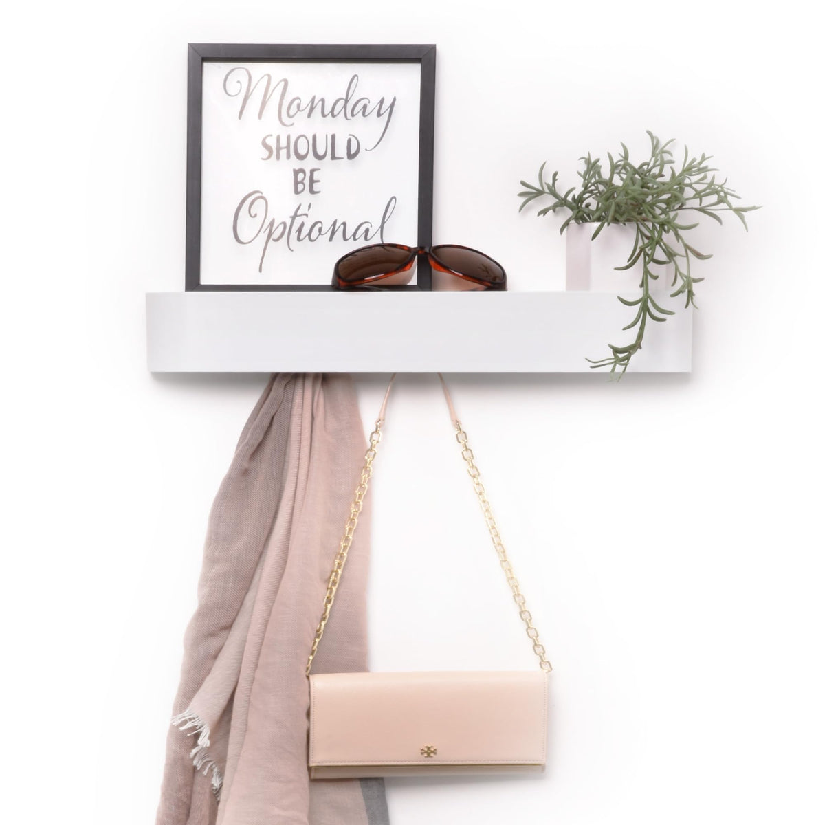 Modern White Steel Coat Rack with Shelf, 5 Hooks Wall Mount