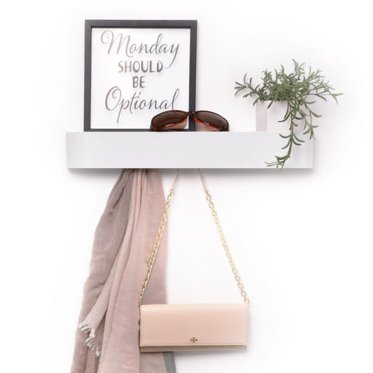 Modern White Steel Coat Rack with Shelf, 5 Hooks Wall Mount