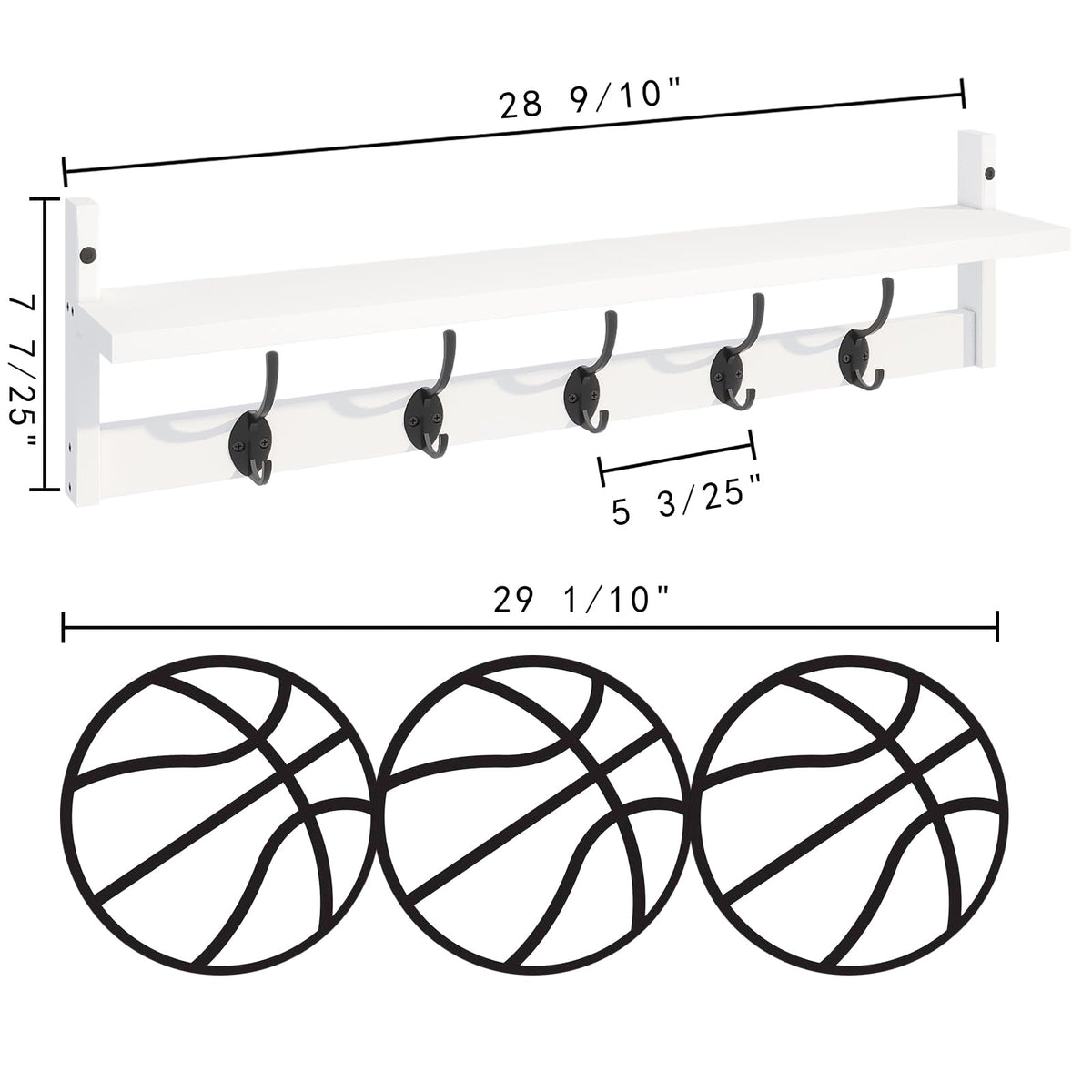 Wood Wall Shelf with 5 Dual Hooks, 28.9 Inch Long