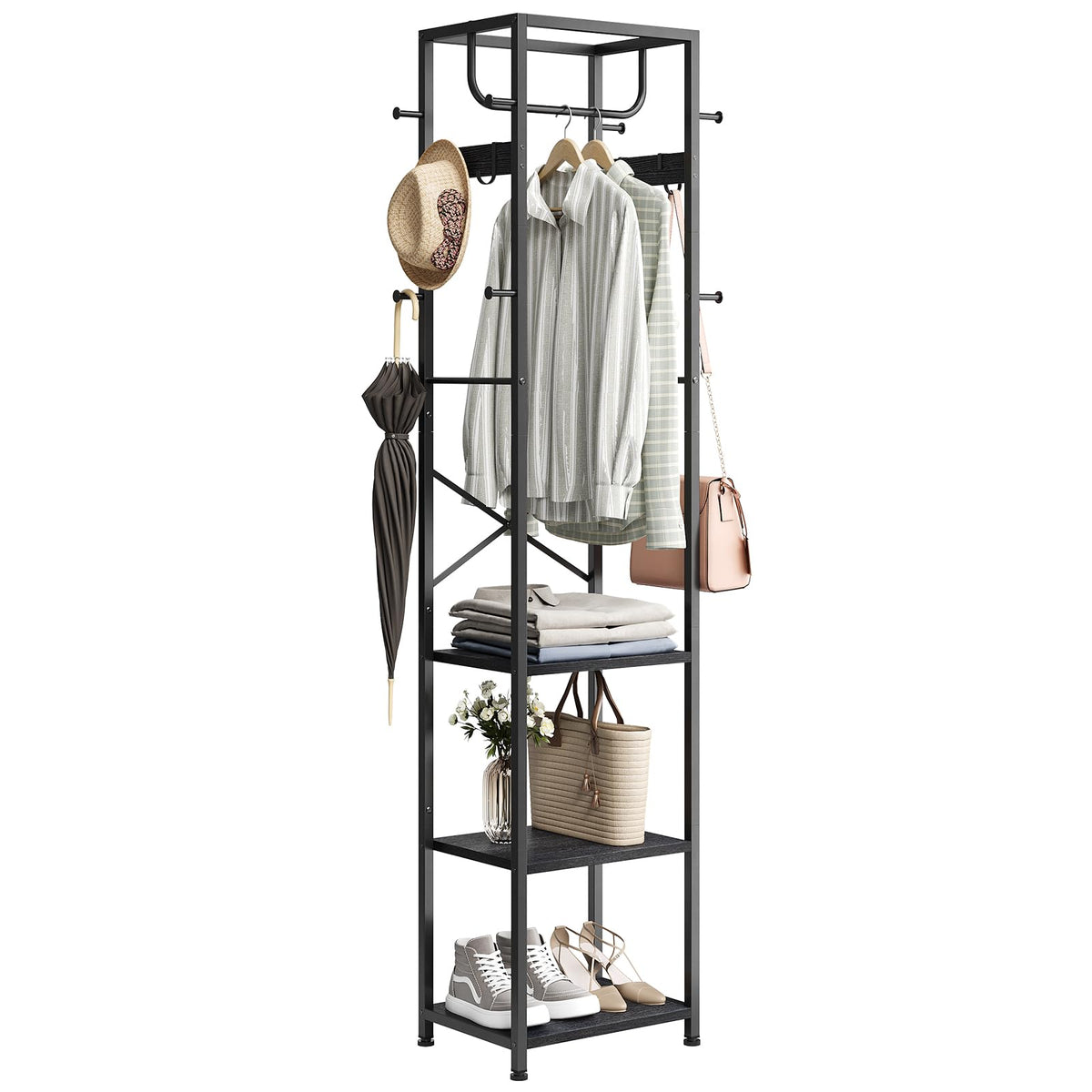 Black Metal Hall Tree, 70.9 Inch, Shelves, Rod and 12 Coat Hooks