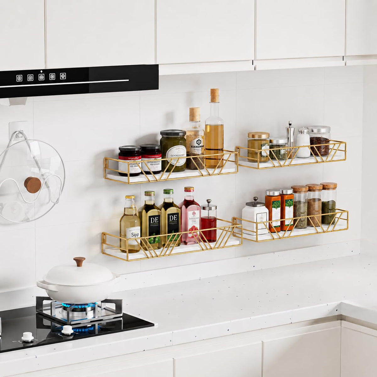 Wood Wall Shelves with Gold Metal Rails, 4 Pack Floating Shelf Set