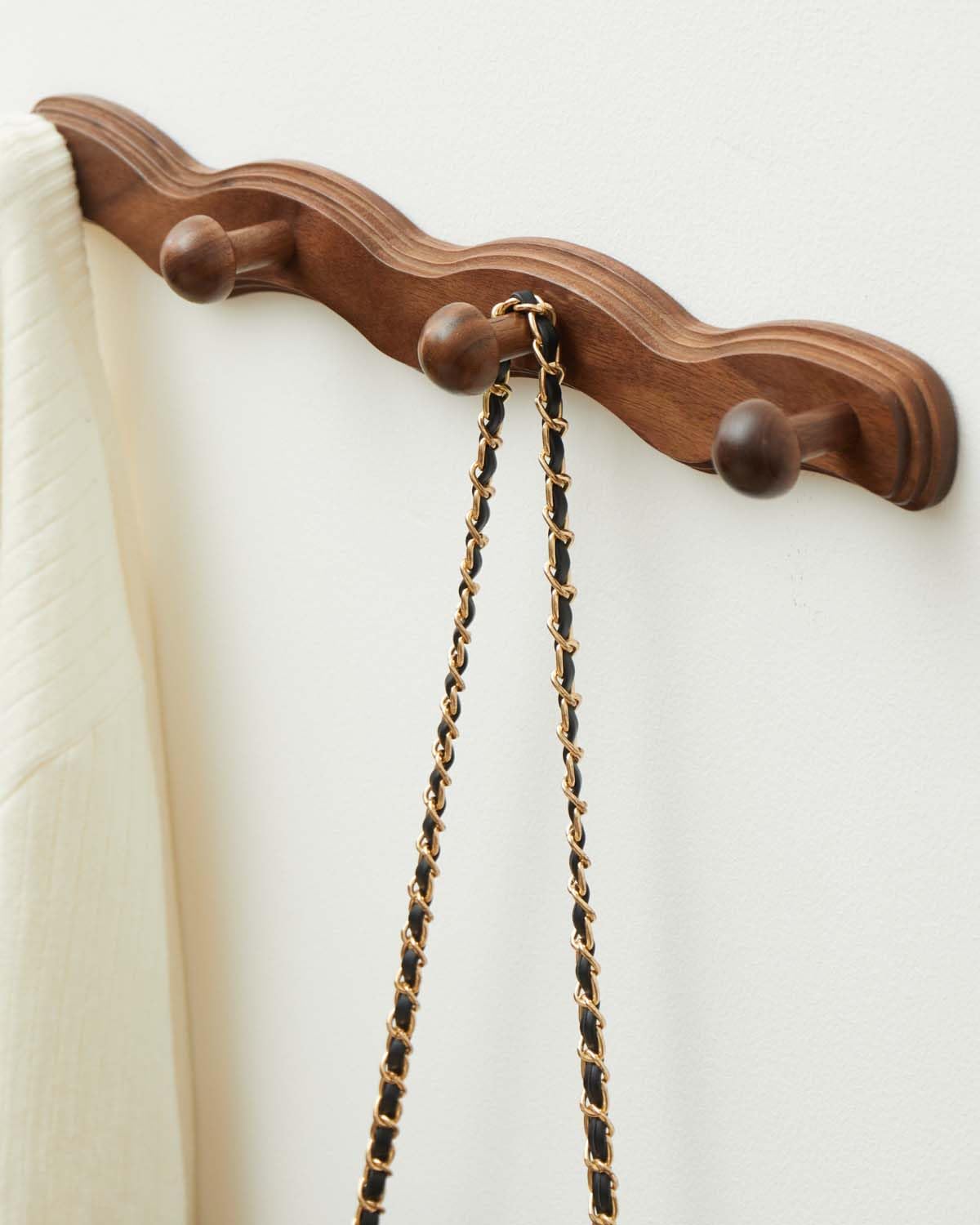 Walnut Wood Wall Hook Rack with 4 Rounded Hooks for Coats and Towels