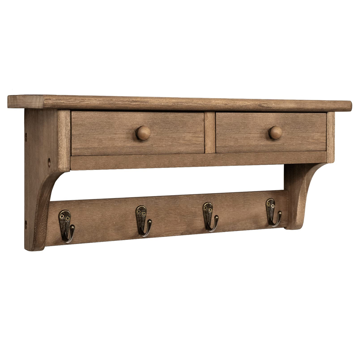 Walnut Wall Shelf with Bronze Coat Hooks, 17 Inch