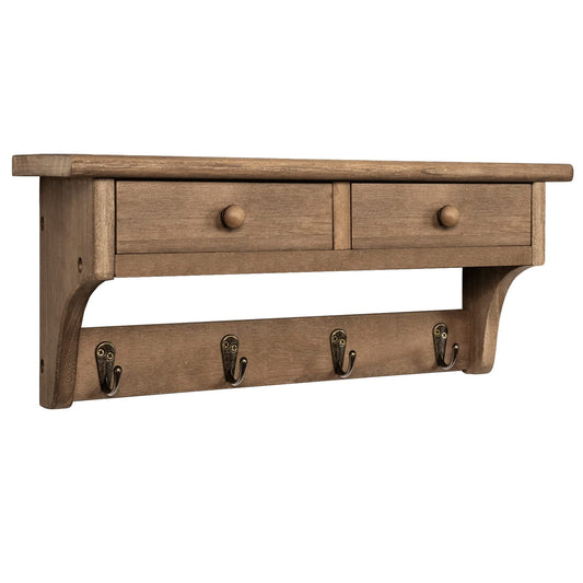 Walnut Wall Shelf with Bronze Coat Hooks, 17 Inch