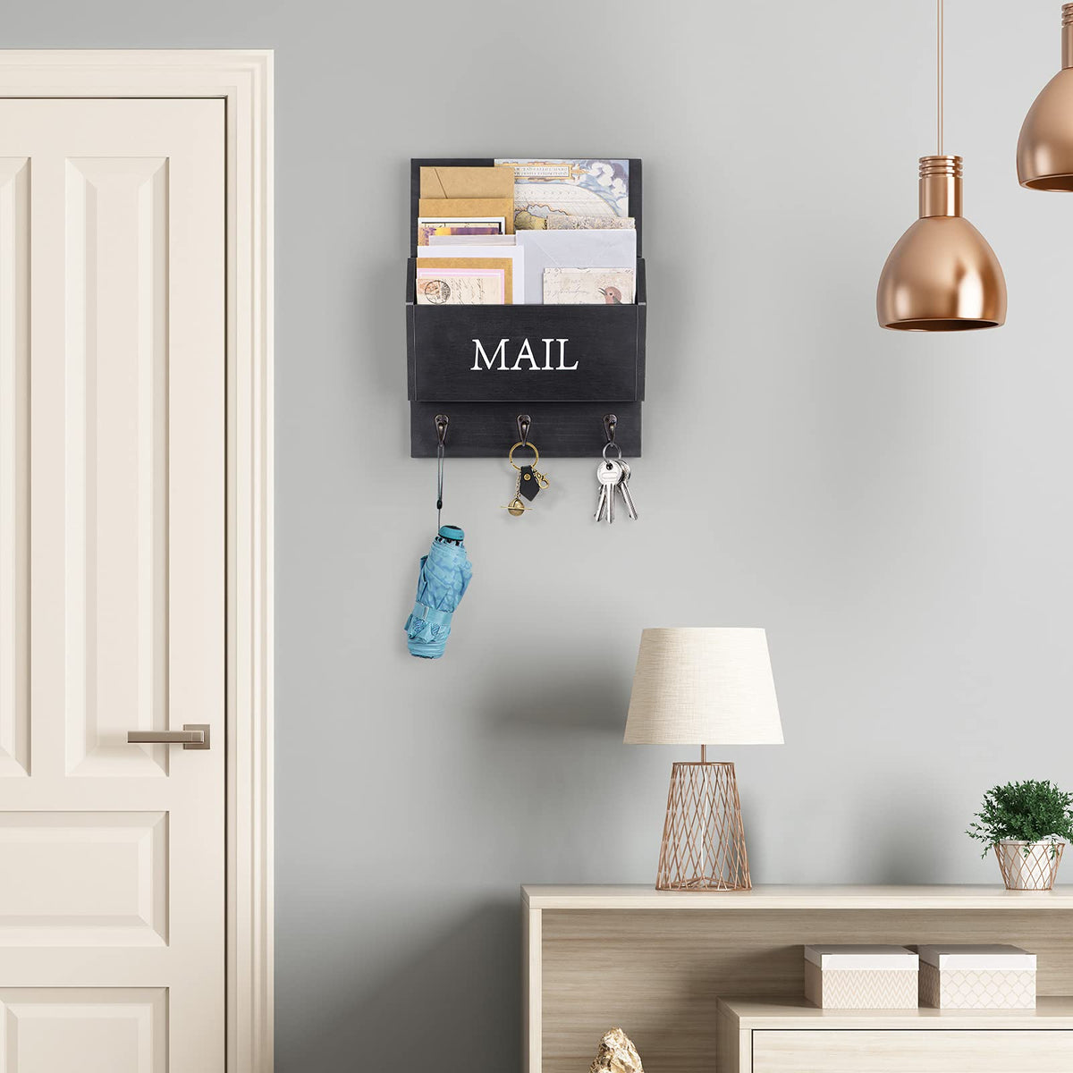 Wood Wall Mail Sorter with 3 Key Hooks, Matte Black, 2 Slots