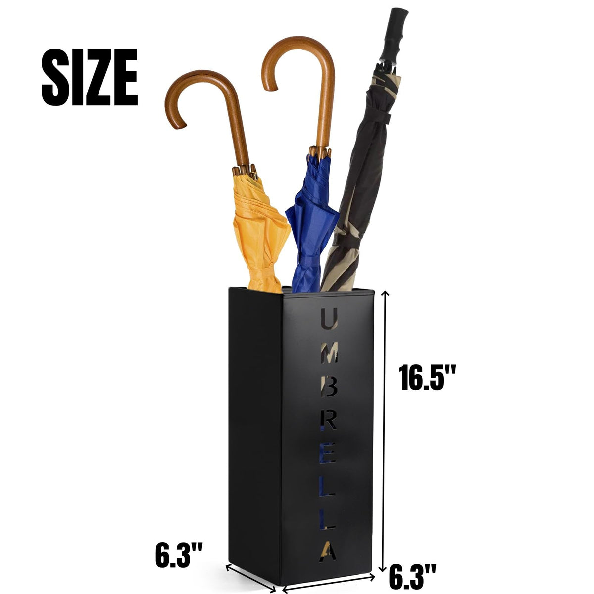Square Metal Umbrella Stand, 6.3 x 6.3 x 16.5 Inch Freestanding Holder, Black