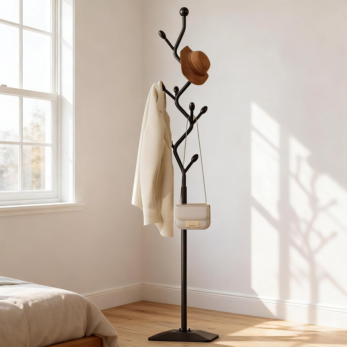 Tree Shaped Metal Coat Stand, 8 Hooks, Cast Iron Base, Black