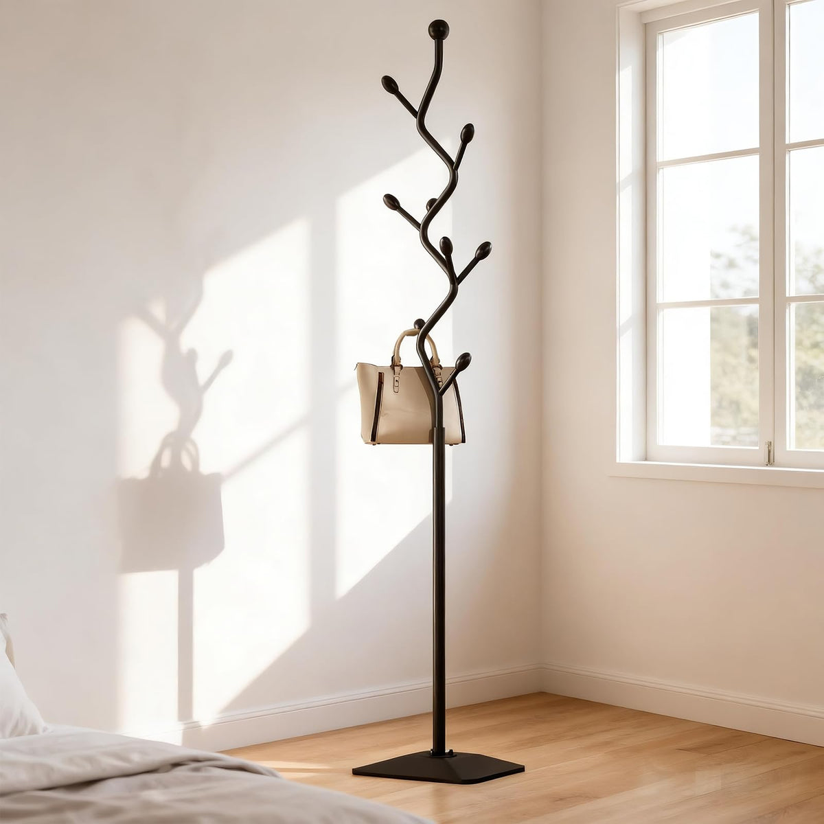 Tree Shaped Metal Coat Stand, 8 Hooks, Cast Iron Base, Black