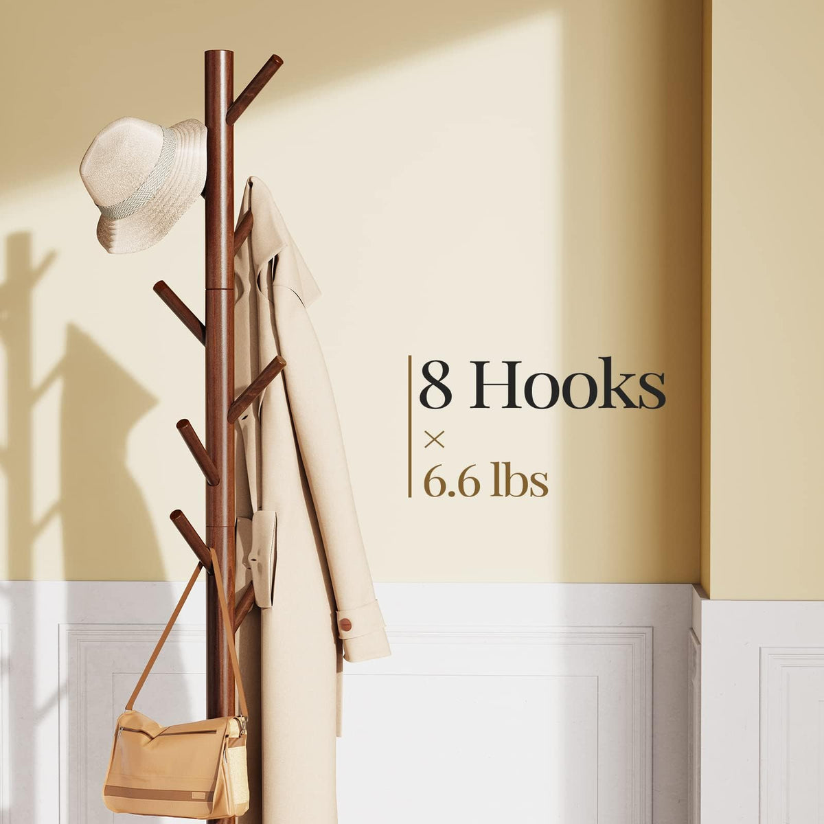 Freestanding Solid Wood Coat Rack with 8 Hooks for Coats, Hats and Bags, Brown