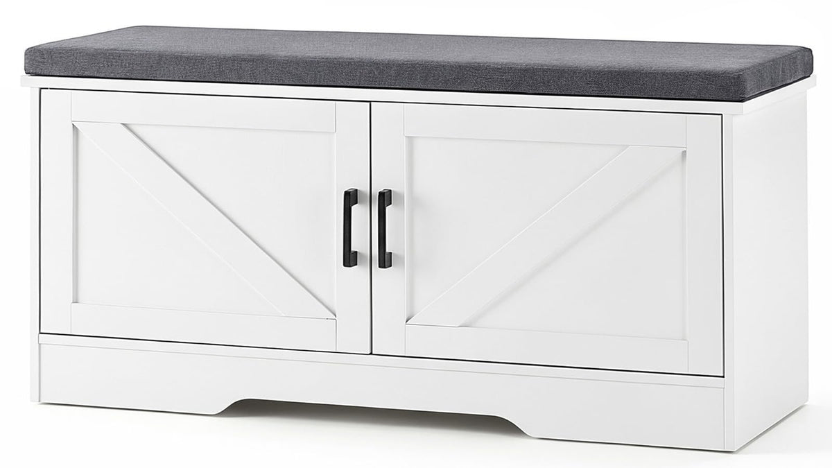 White Shoe Storage Bench with Doors and Padded Seat, 39.4 Inch