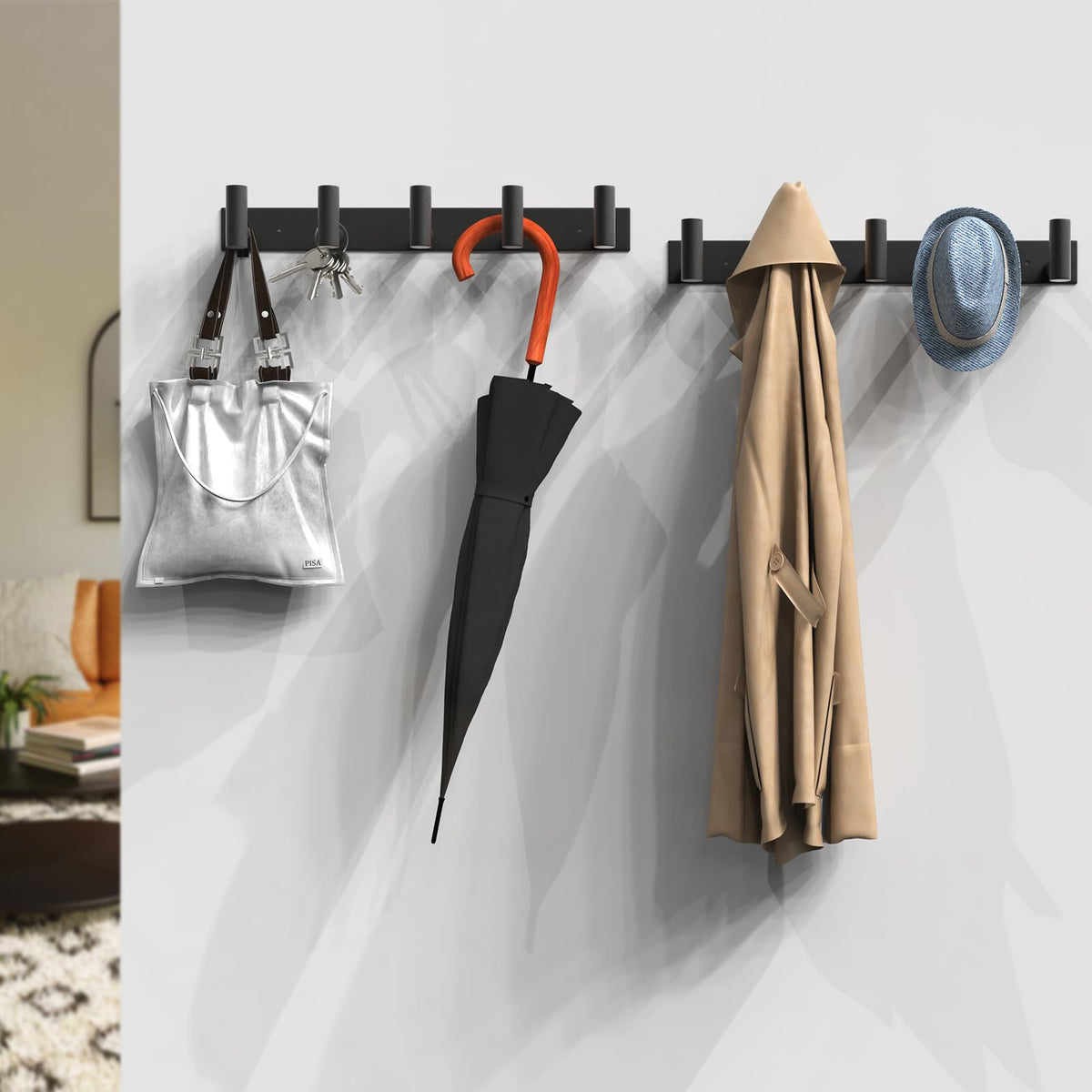 Wall Mounted Coat and Hat Rack with 5 Hooks for Bags, Keys and Towels, Black