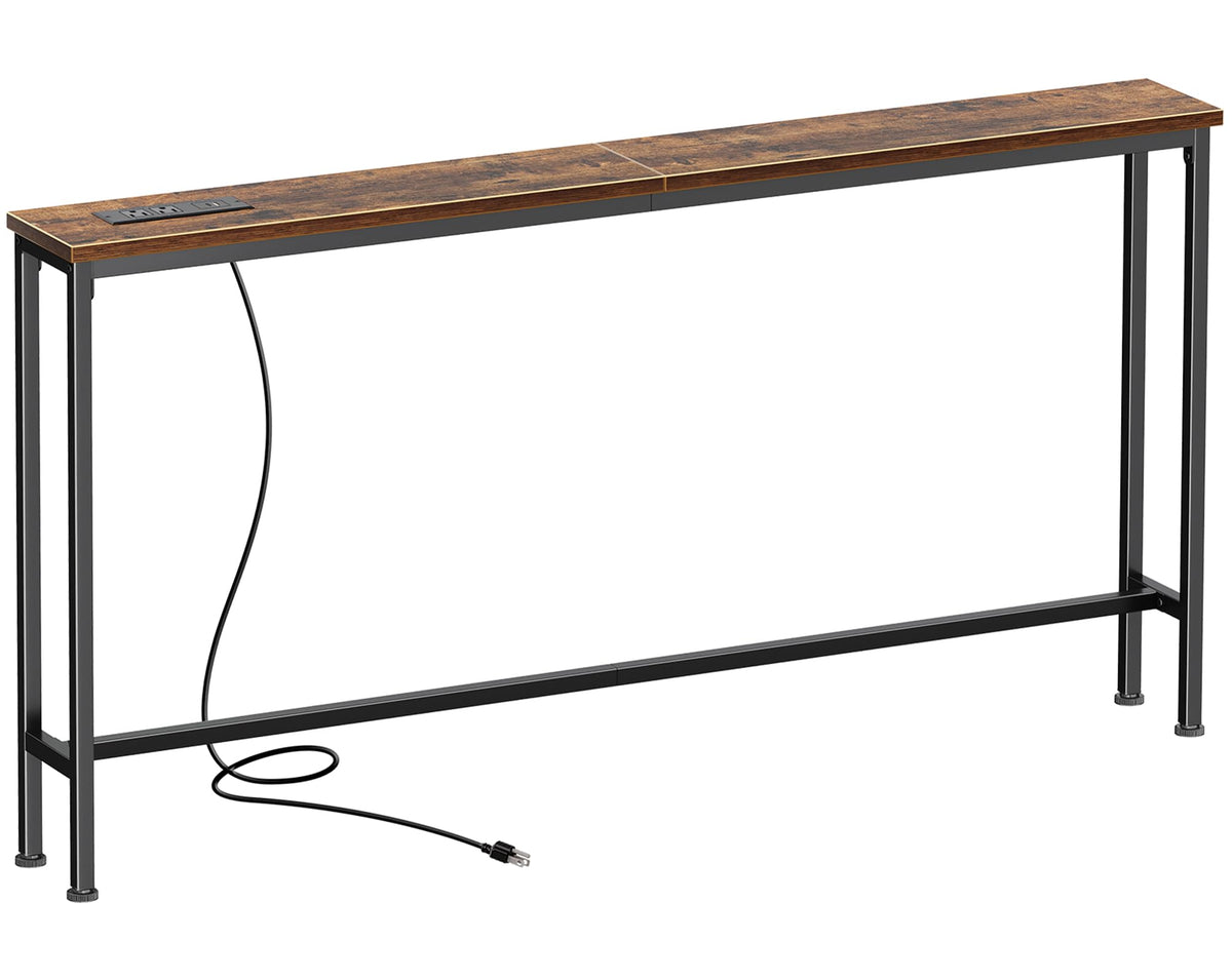 Narrow Behind Couch Table, 51.2 Inch, Rustic Brown with Outlets